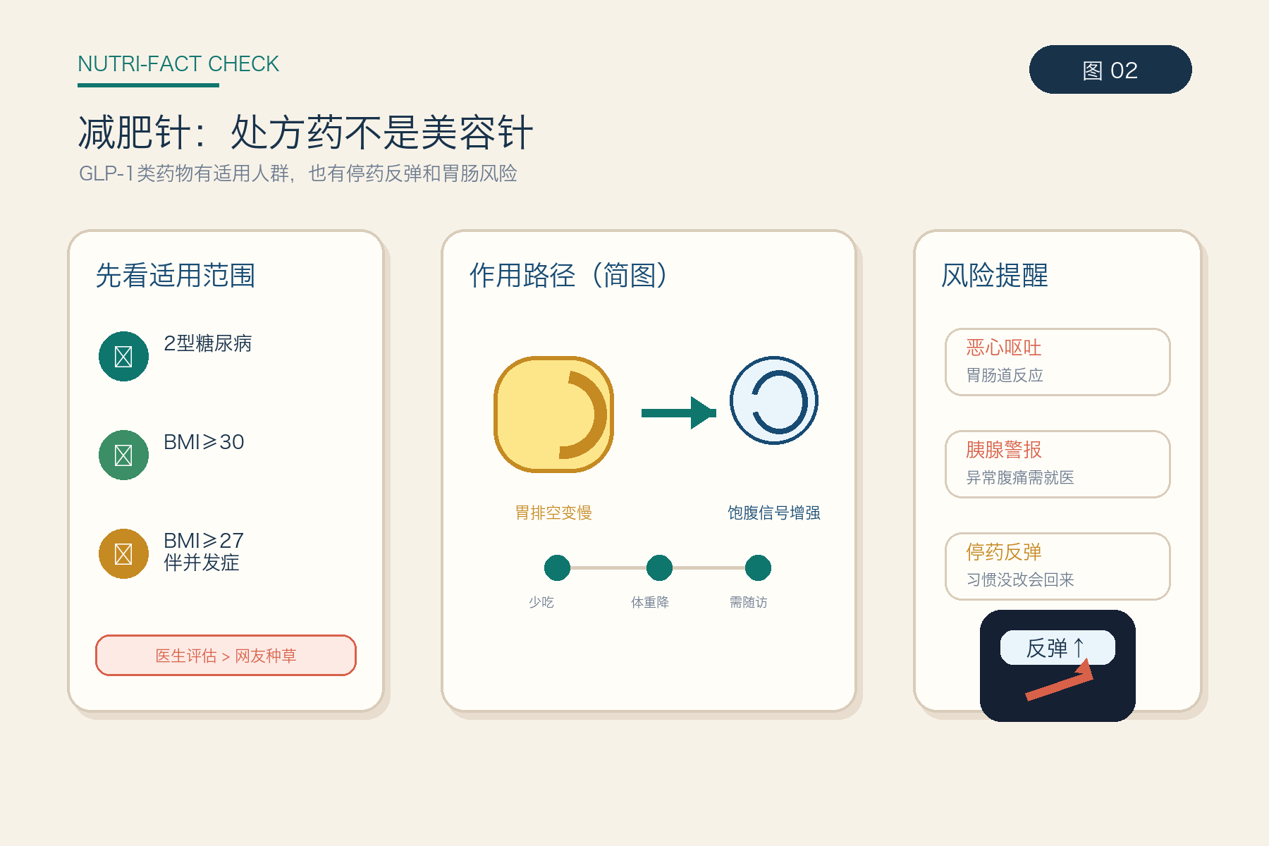 统一医学科普信息图：说明减肥针适用范围、GLP-1作用路径，以及恶心呕吐、胰腺警报、停药反弹等风险提醒。